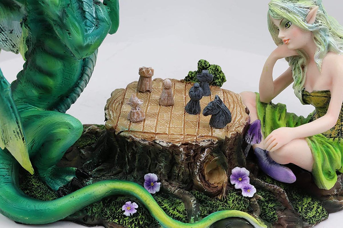 Ebros Amy Brown Elf Earth Fairy With Green Dragon Playing Chess Statue 7"H