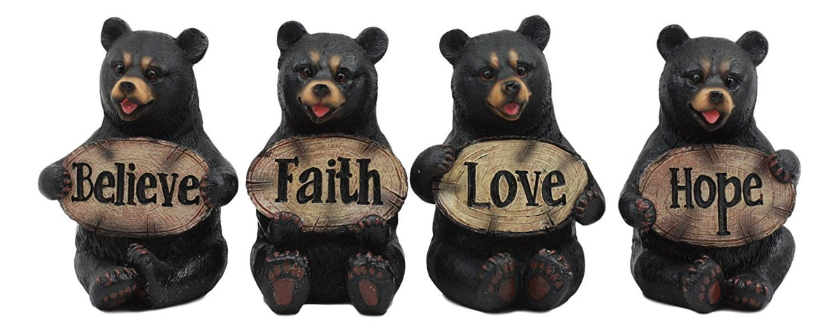 Ebros Set of 4 Inspirational Bears Statues Whimsical Cute Black Bear Holding Love Believe Faith and Hope Sign Plaque Small Figurines Western Decor Rustic Nature Lovers - Ebros Gift