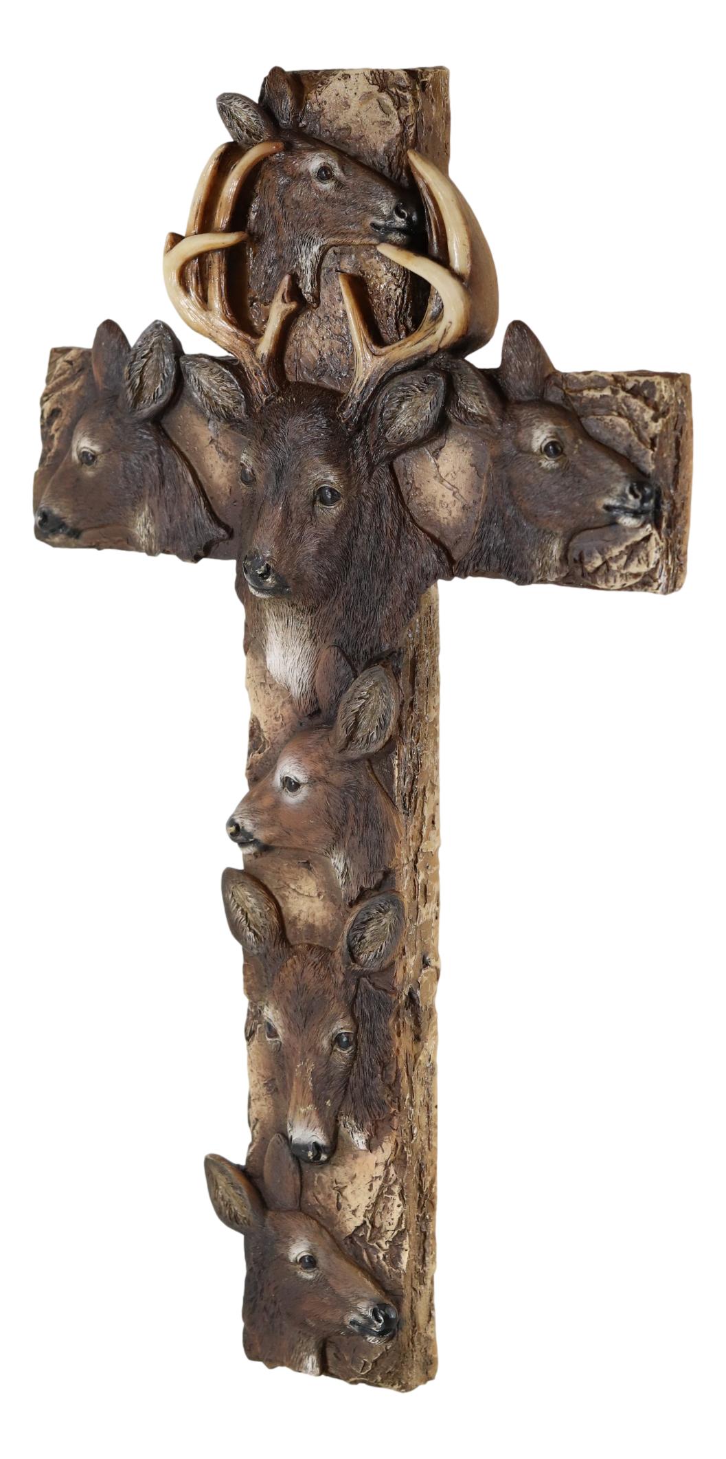 Rustic Western Wildlife Deer Stag with Antlers And Does Family Wall Cross Plaque