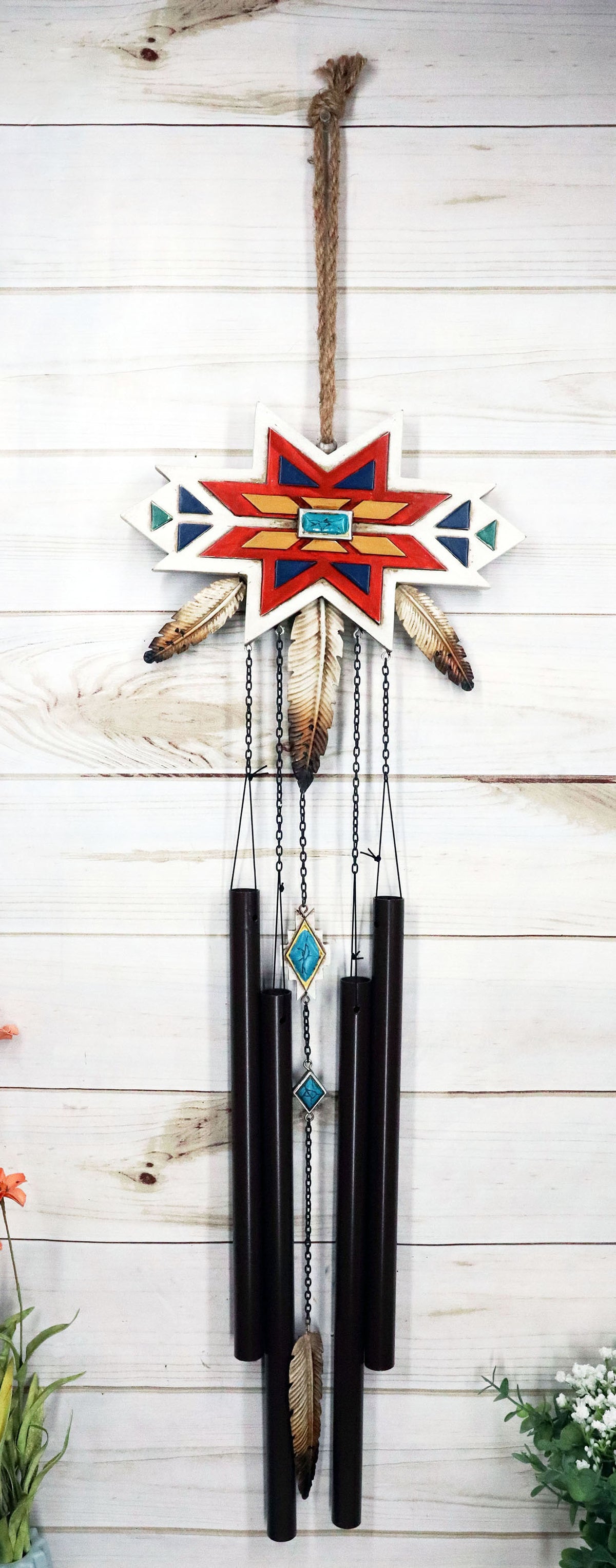 Rustic Southwest Boho Chic 3 Feathers Colorful Vectors Star Symbol Wind Chime