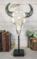 Rustic Tooled Floral Lace Bull Cow Steer Head Skull Sculpture On Pole Display