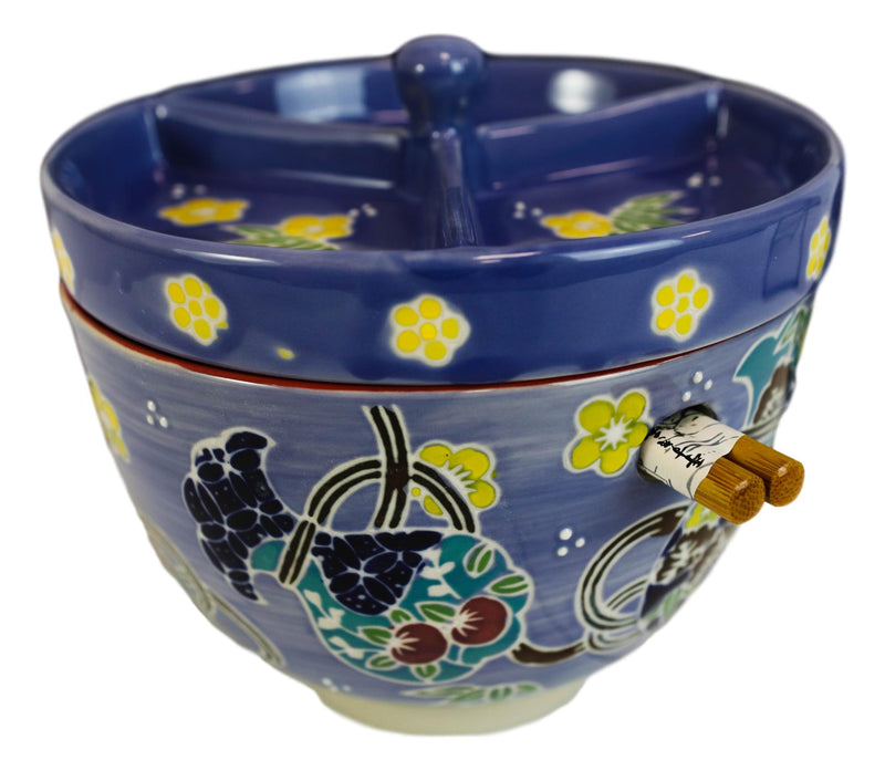 Purple Floral Sky Ramen Bowl With Tempura Divider Condiment Lid Chopsticks Set