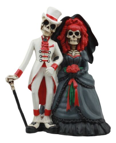 Day Of The Dead Skeleton Couple Wedding Statue Gothic Skeleton Cake Toppers - Ebros Gift