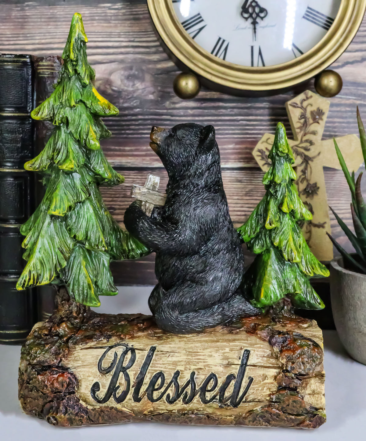 Blessed Rustic Western Black Bear Kneeling On Log by Pine Trees Praying Statue