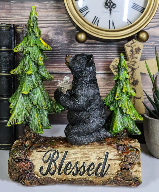 Blessed Rustic Western Black Bear Kneeling On Log by Pine Trees Praying Statue