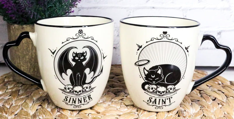 Set Of 2 Wicca Witching Hour Angel Saint Or Sinner Devil Cats Porcelain Mugs