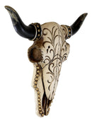 11"H Rustic Western Steer Bison Bull Cow Skull With Floral Scroll Wall Decor
