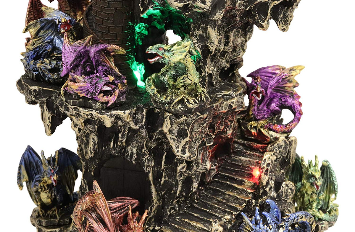 Ebros Medieval Renaissance Castle Tower Fortress by Stepped Rocky Cliff Display Stand Statue With 12 Miniature Dragons In Different Poses Figurine 13 Piece Set Featuring Color Changing LED Night Light
