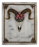 Rustic Western Corsican Ram Skull With Red Tulips Wooden Wall Decor Plaque