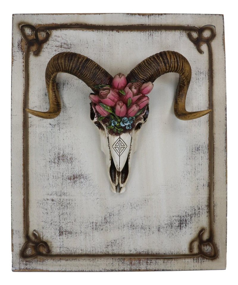 Rustic Western Corsican Ram Skull With Red Tulips Wooden Wall Decor Plaque