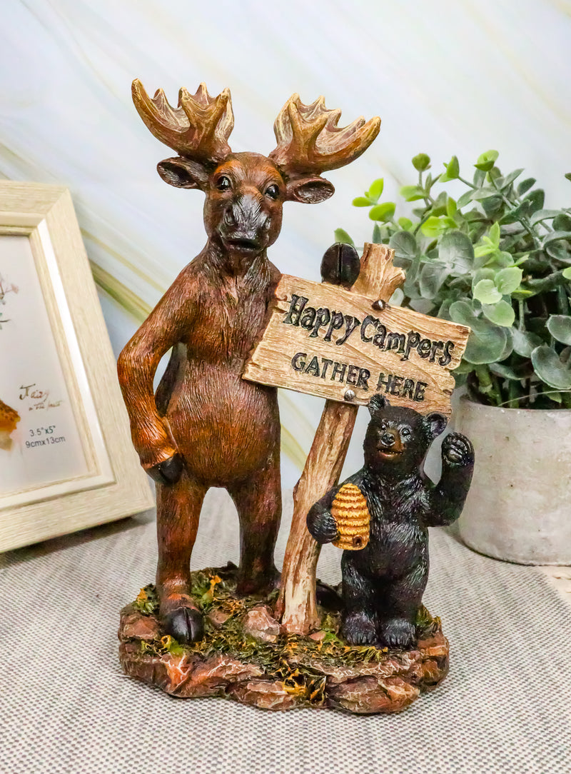 Ebros Black Bear and Elk Moose Standing by Happy Campers Sign Statue 7.25" H