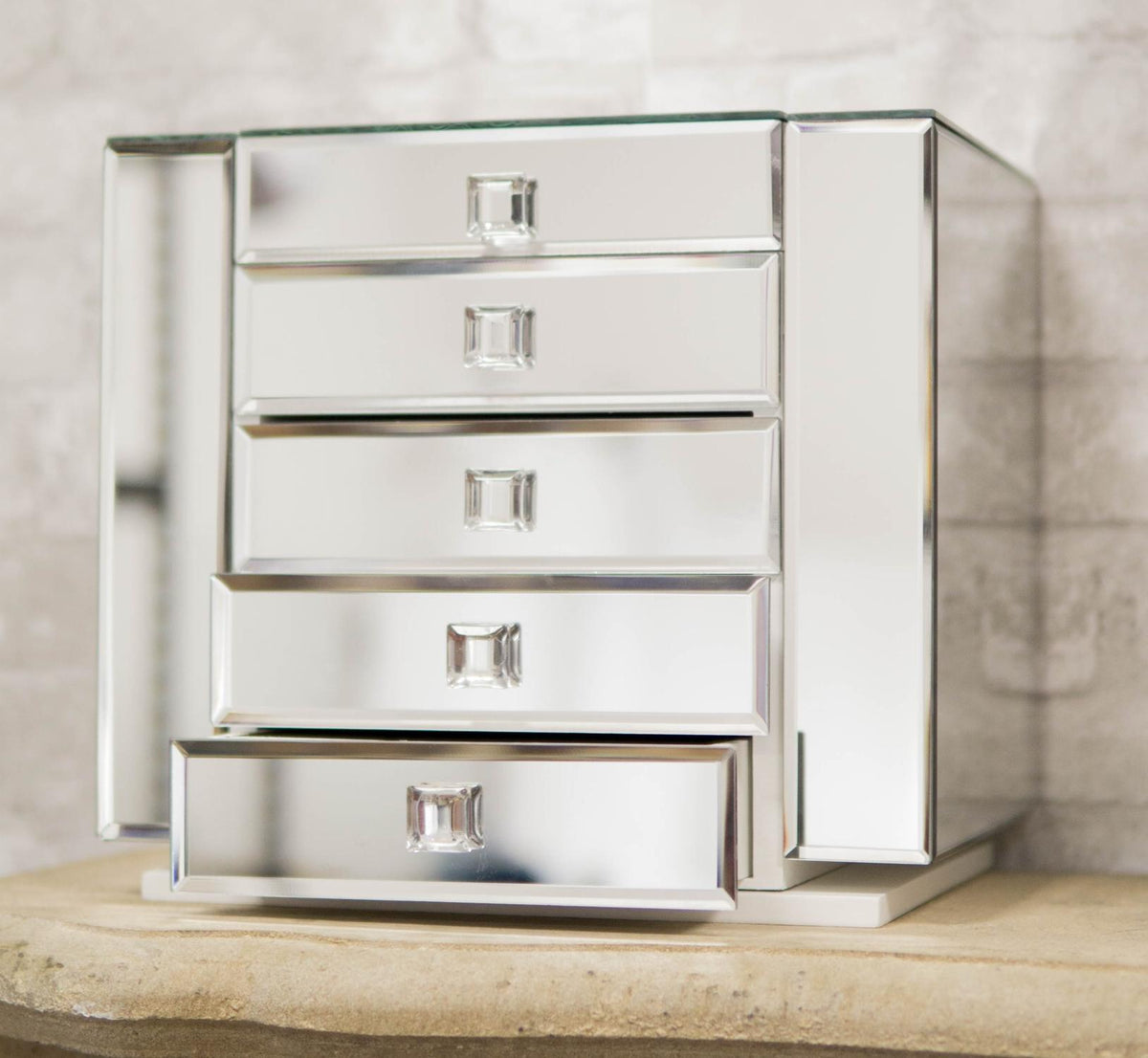 Contemporary Wooden Mirrored Glass Multiple Compartments Drawers Jewelry Box