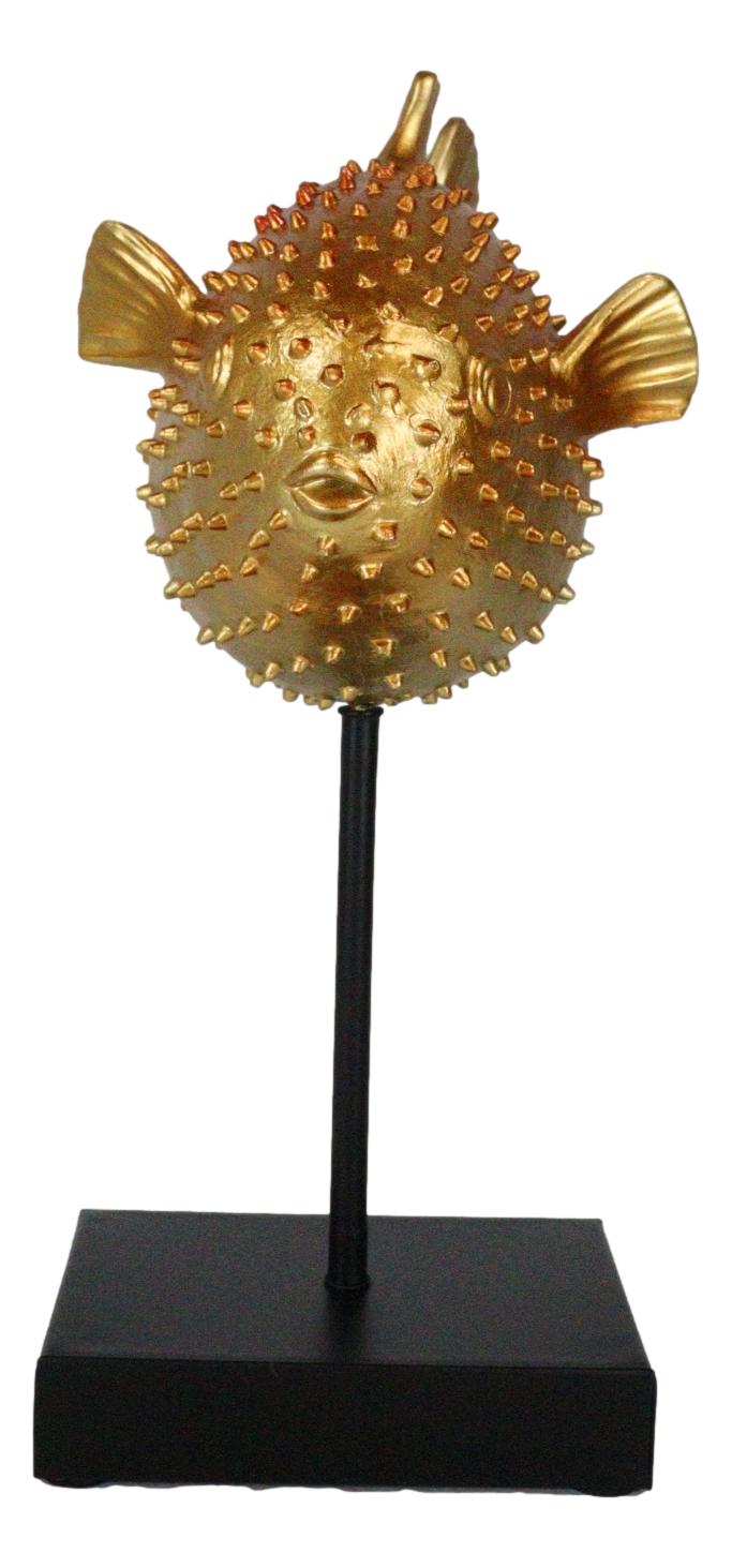 Nautical Marine Faux Taxidermy Golden Pufferfish Fish Sculpture On Pole Mount - Ebros Gift