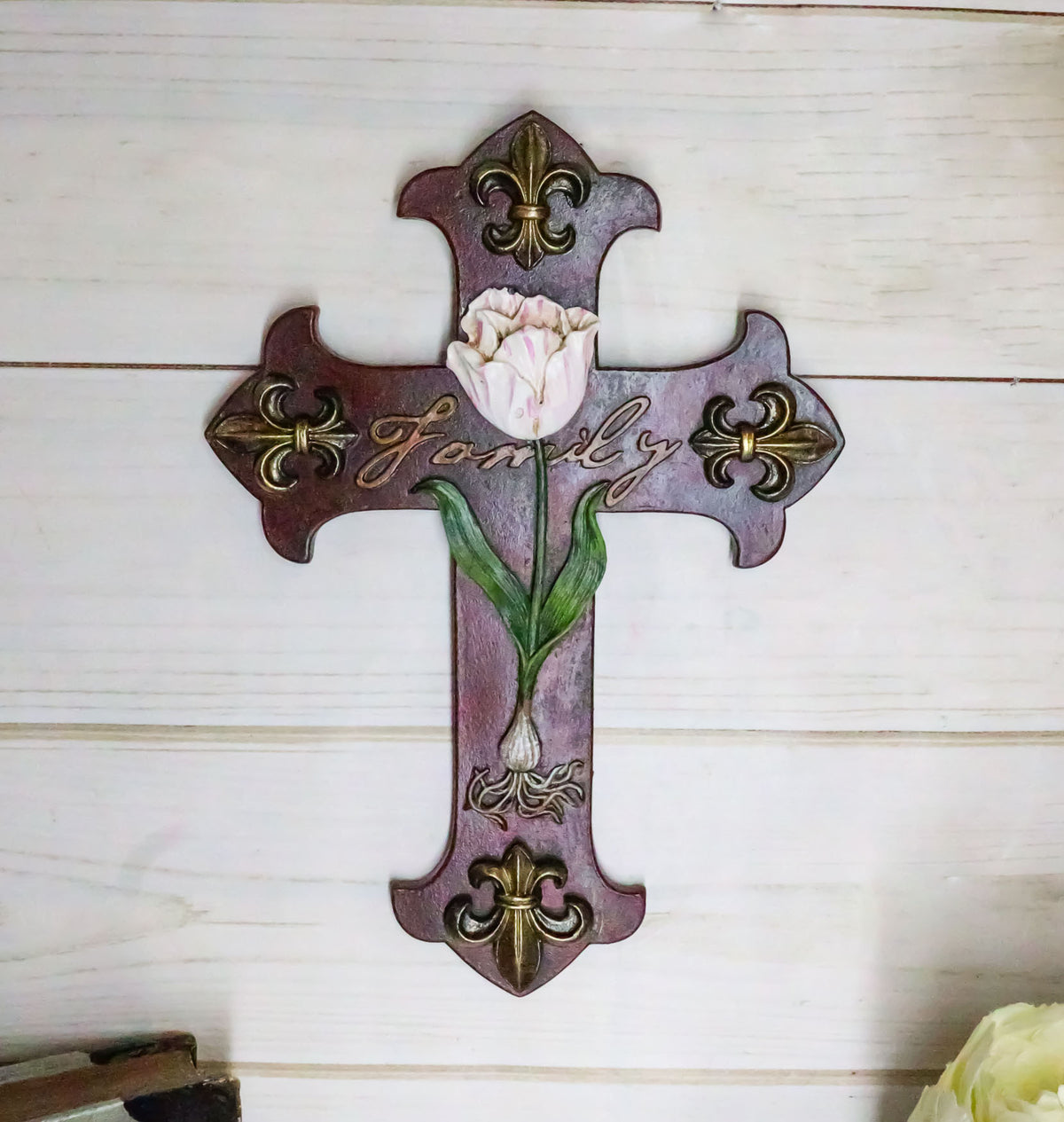 Ebros Tuscan Fleur De Lis Emblems with Pink Rose of Sharon Wall Cross Decor 10"H