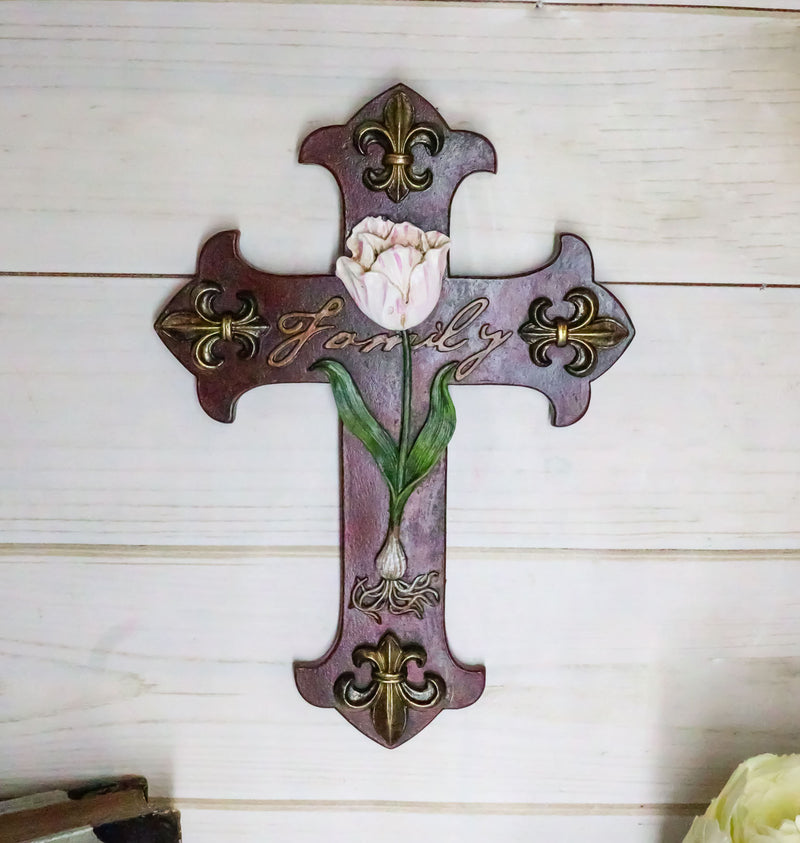 Ebros Tuscan Fleur De Lis Emblems with Pink Rose of Sharon Wall Cross Decor 10"H