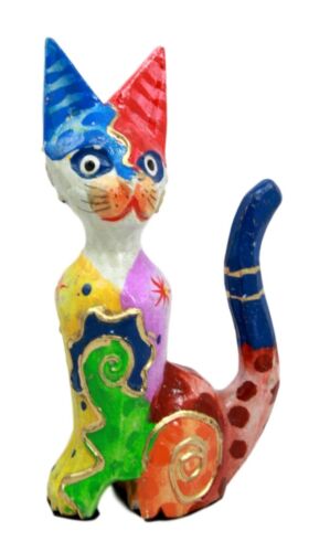 Balinese Wood Handicrafts Colorful Feline Cat Family Set of 3 Decor Figurines