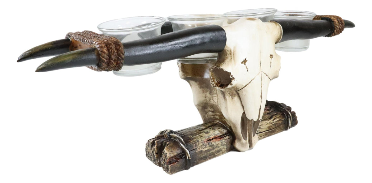 Rustic Western Steer Bull Cow Skull Decorative 4 Votives Candle Holder Figurine