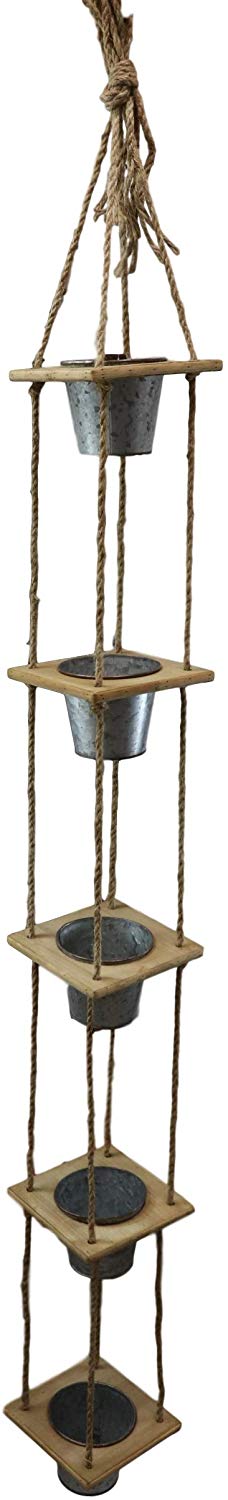 Set of 2 Rope Hanging Galvanized Metal 5 Tier Pot Planters For Indoors Outdoors