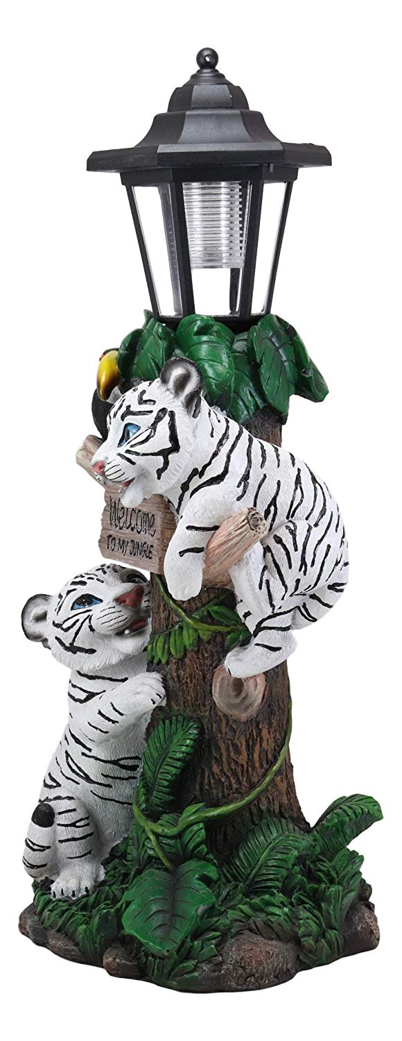 Ebros Colorful Jungle Frolick Climbing Tiger Cubs Chasing Toucan Bird with Welcome Sign and LED Solar Lantern Outpost Statue 18.5" Tall Path Lighter Patio Garden Home Decor Figurine (White Siberian)