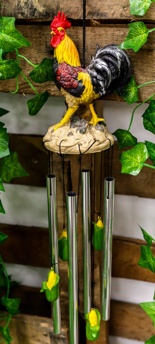 Country Western Farm Morning Crop Patrol Rooster Chicken Figurine Wind Chime - Ebros Gift