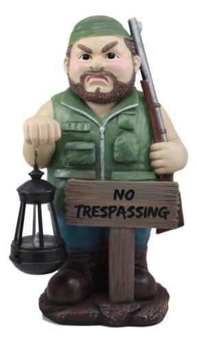 Grumpy Hunter With Shotgun And No Trespassing Sign Statue With Solar LED Light