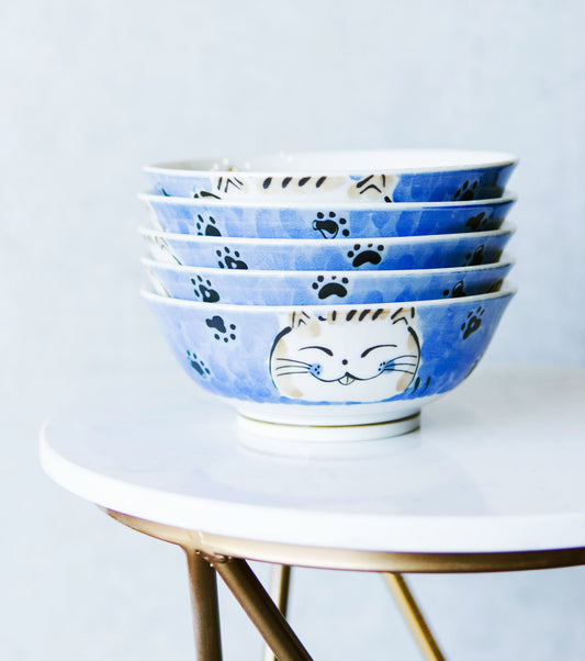 Made In Japan Blue Lucky Cat Maneki Neko 32oz Soup Pasta Cereal Bowls Set of 5