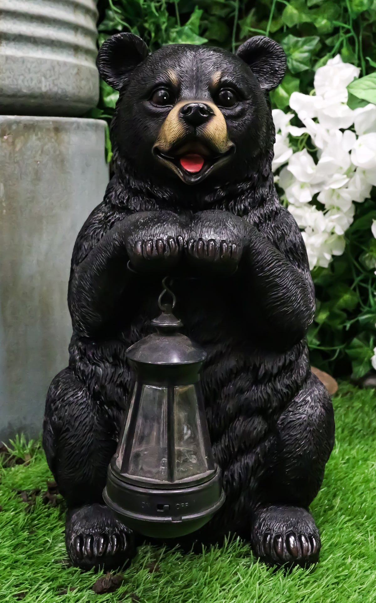 Rustic Garden Cute Black Bear Holding Solar Lantern Path Light Greeter Statue - Ebros Gift