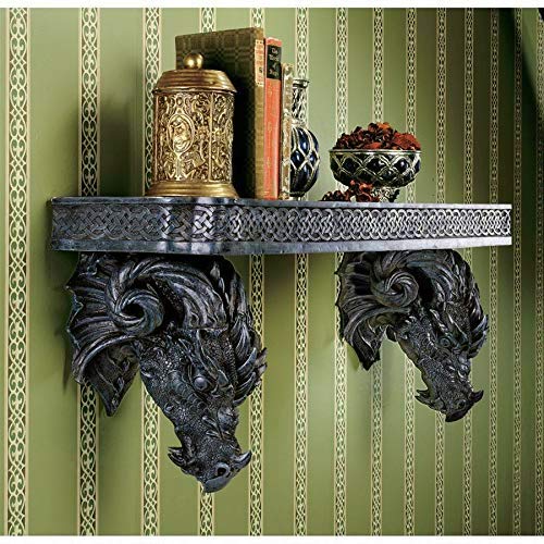 Ebros The Wolf Ram Medieval Dual Dragons Stoic Faux Stone Wall Hanging Floating Shelf with Celtic Knotwork Patterns 37.5" Long Fantasy Dungeons and Dragon Themed Structural Decor