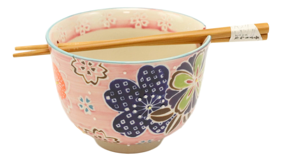 Pink Spring Floral Blossoms Ramen Noodles Soup Bowl With Bamboo Chopsticks Set - Ebros Gift