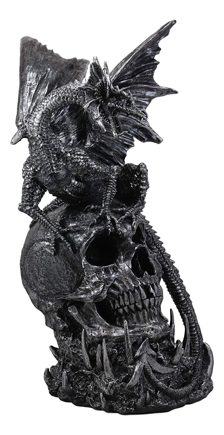 Large Gothic Guardian Behemoth Winged Dragon Standing On Graveyard Skull Statue