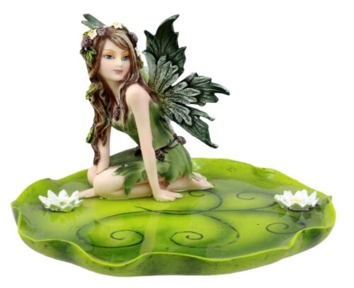 Ebros Gift Green Absinthe Fairy Kneeling On Lotus Petal Soap Dish Figurine Jewelry Dish Plate Vanity Decor 6.25" Long