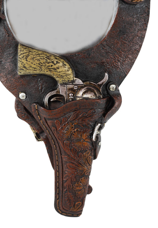 Rustic Western Cowboy Turquoise Tooled Floral Pistol Gun In Holster Hand Mirror