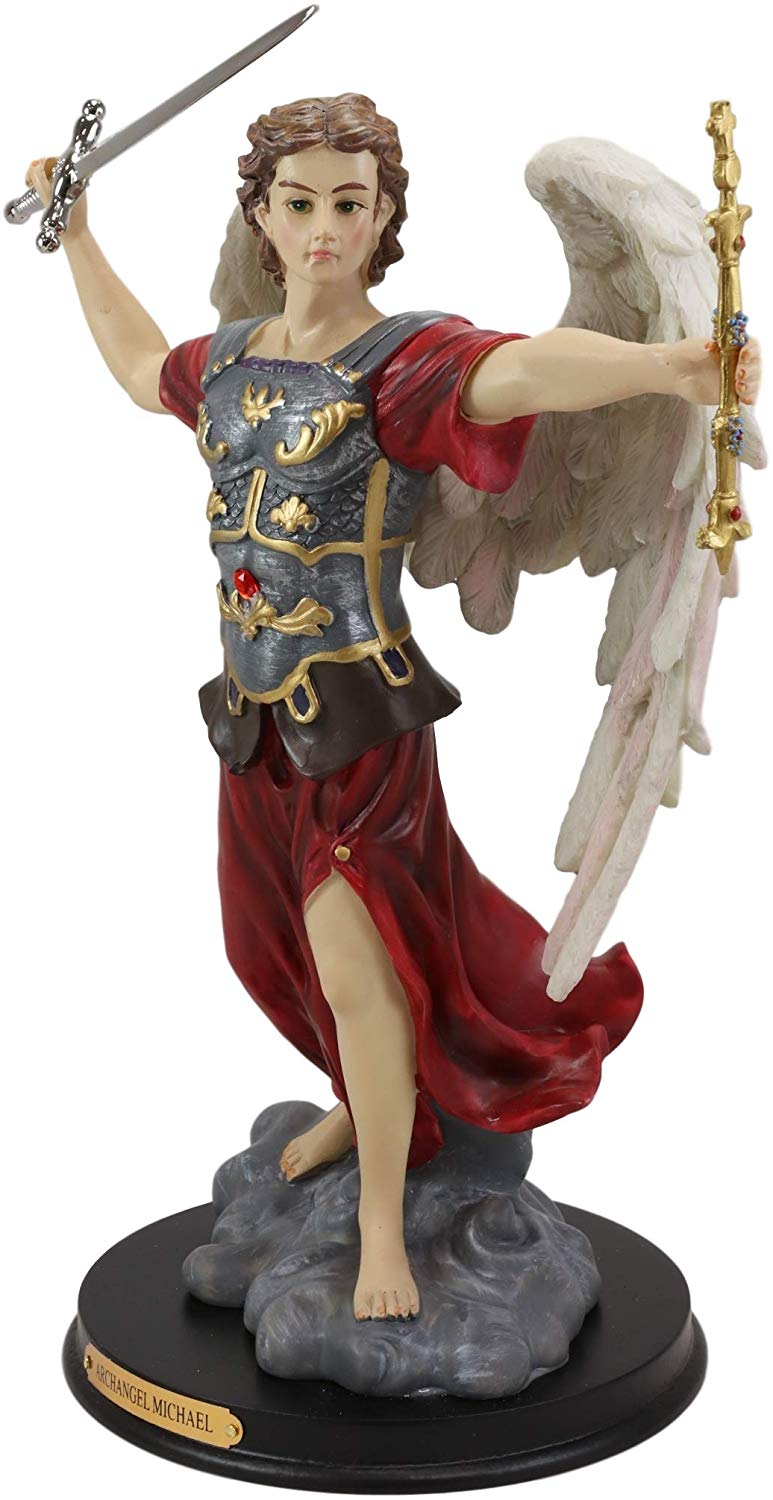 Ebros Byzantine Archangel Saint Michael with Brass Name Plate Wooden Base 12.5"H