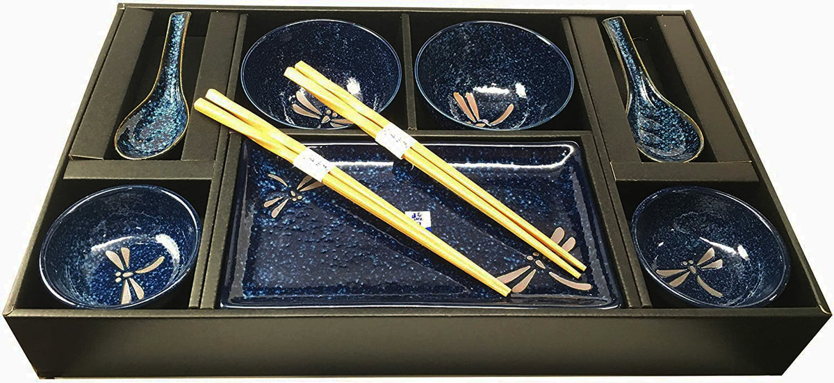 Japanese Pair Of Dragonfly Blue Motif Ceramic Sushi Dinnerware 10pc Set For Two - Ebros Gift