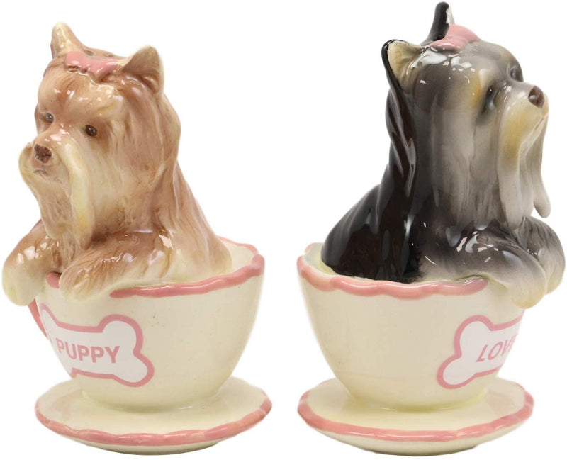 Ebros Ceramic Black And Tan Yorkshire Terriers Yorkie Pet Dogs In Teacups Salt And Pepper Shakers Set