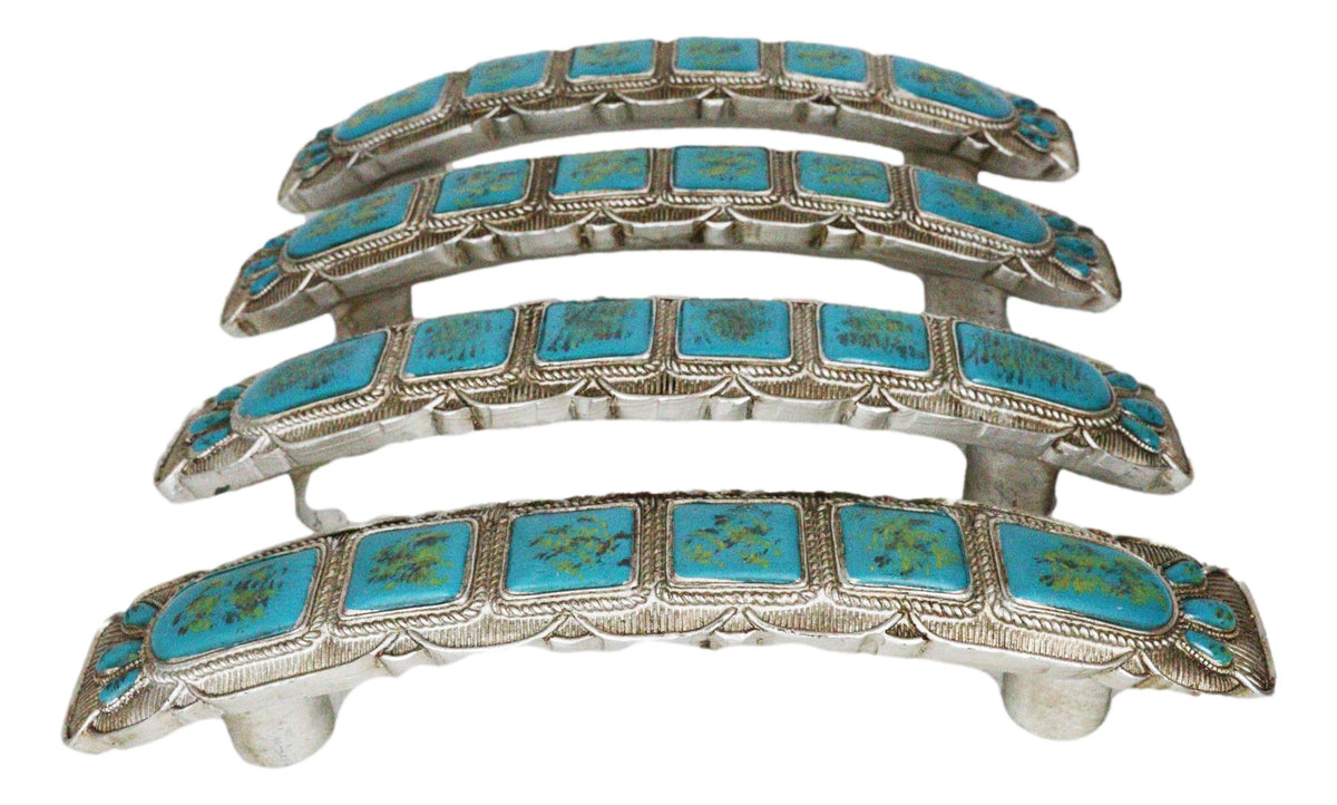 Set Of 4 Rustic Western Silver Turquoise Boho Drawer Cabinet Door Bar Pulls - Ebros Gift