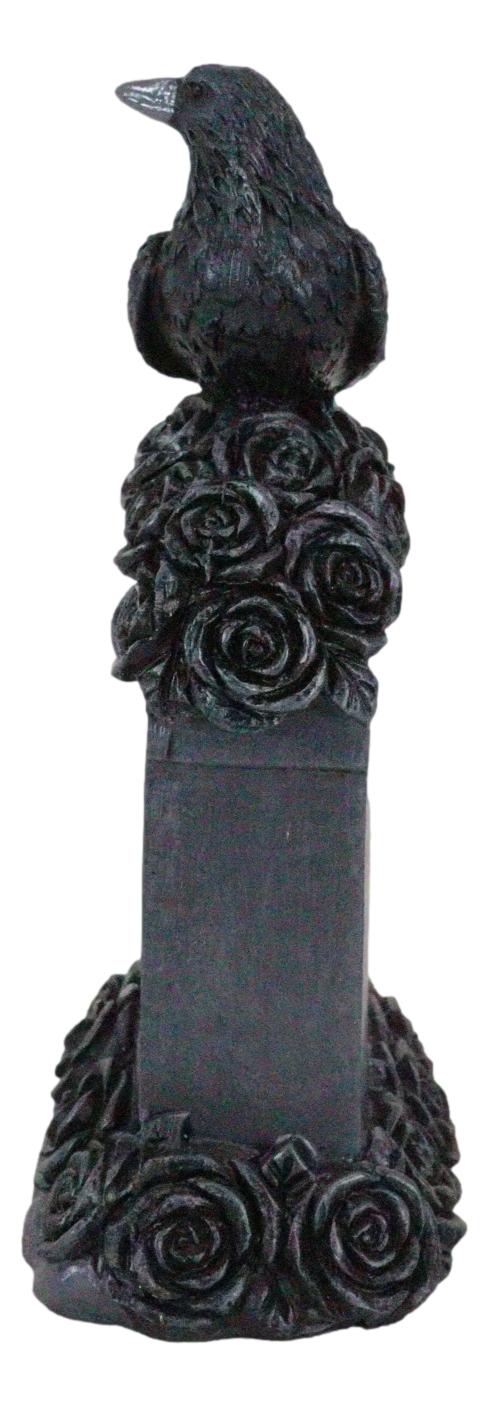 Gothic Raven Crow Perching On Black Roses Graveyard Tomb Headstone Figurine
