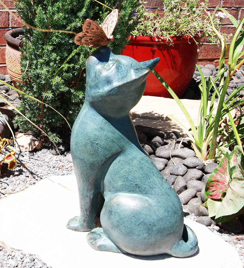 Ebros 14.75 Tall Shorthair Cat With Flitting Butterfly On His Nose Garden Statue