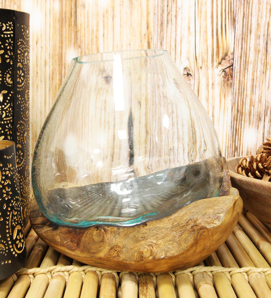 Balinese Handicraft Natural Driftwood With Fitted Hand Blown Glass Bowl 8.5"H - Ebros Gift