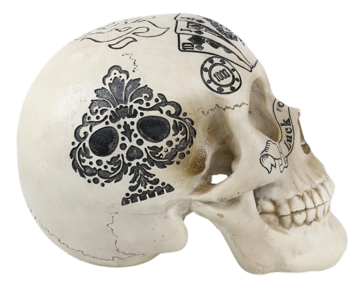 Ebros Gothic Gambling Casino Royale Poker Cards Royal Flush Skull Cranium Figurine - Ebros Gift