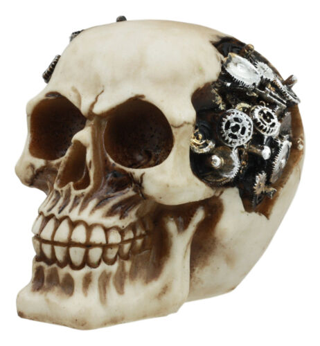 Steampunk Protruding Gearwork Cyborg Robotic Human Skull Figurine Skeleton