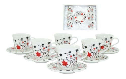 Beautiful Multi Colored Flower Vines Ceramic Coffee Cups & Saucers For 6 Guests
