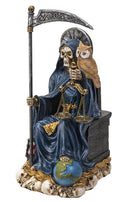Seated Blue Santa Muerte With Scythe Scales of Justice And Wise Owl Figurine 9"H