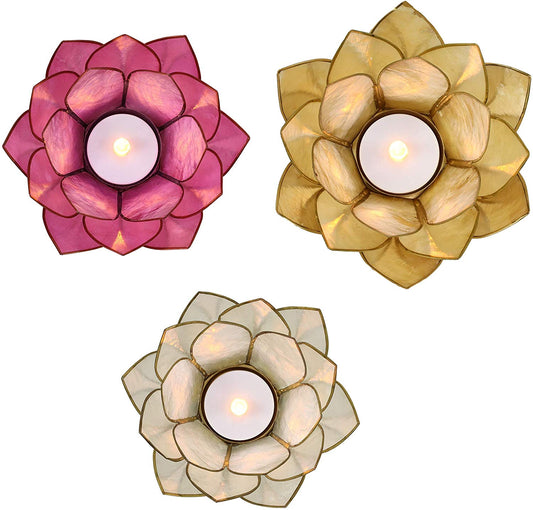Ebros Seashells Lotus Flower Votive Tea Light Candle Holder (Set of 3)
