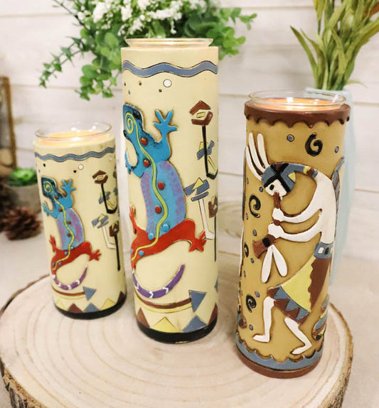 Southwestern Colorful Kokopelli God And Lizards Votive Candle Holders Set Of 3
