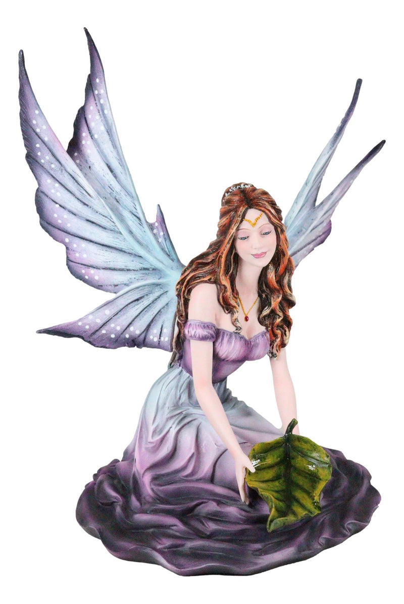 Large Whimsical Purple Rose Fairy With Large Leaf Kneeling On Flower Figurine