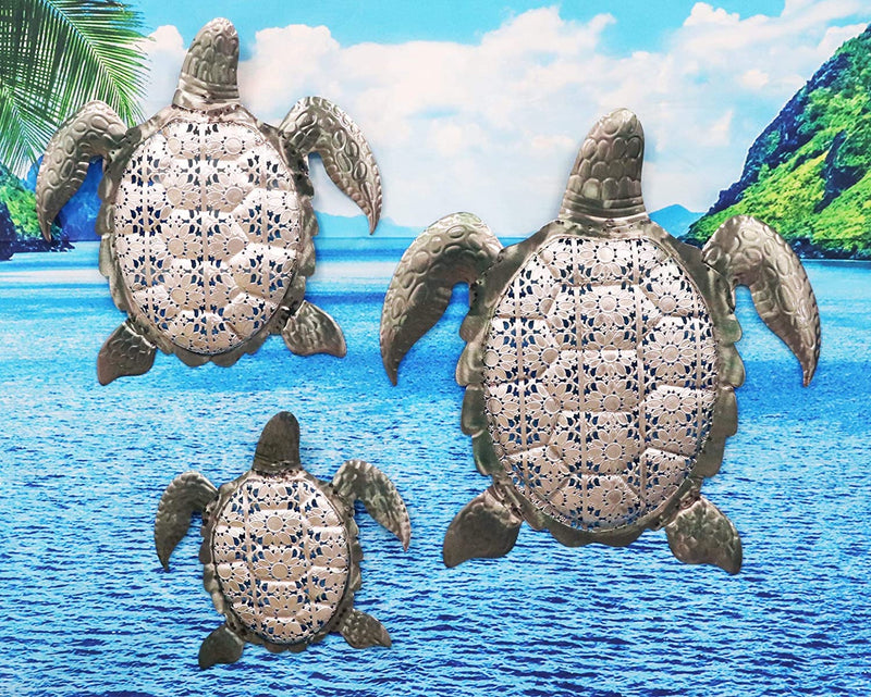 Ebros 3 Piece Galvanized Metal Swimming Sea Turtles Hanging Wall Decor Plaques - Ebros Gift