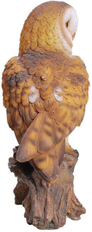 Realistic Common Barn Owl Perching On Tree Stump Statue With Glass Eyes 13.75"H