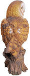 Realistic Common Barn Owl Perching On Tree Stump Statue With Glass Eyes 13.75"H