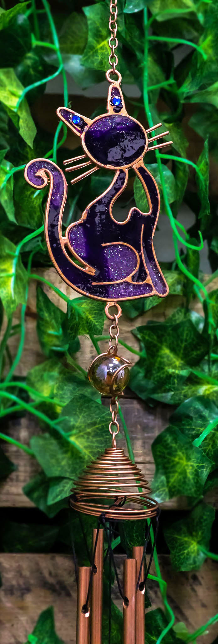 Stained Glass Feline Love Purple Slinky Cat Wind Chime Suncatcher Garden Patio